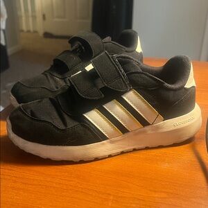 adidas Kids Black Sneakers with White Stripes and Gold Trim
